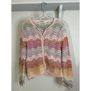 VTG‎ Mariea Kim Pastel Rainbow Crocheted Cardigan Sweater L Cottage Grandma